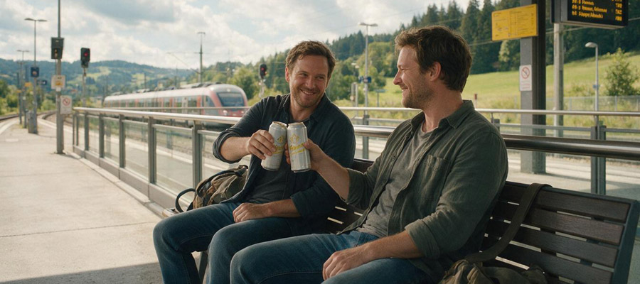 Kumpels am Bahnhof, die ein Bier trinken (Bild: Magnific AI)