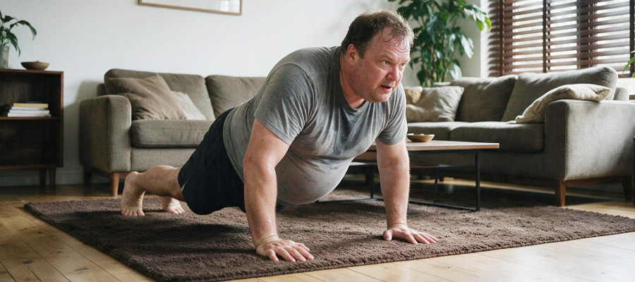 Dicker Mann macht Liegestütze (Bild: Magnific AI)