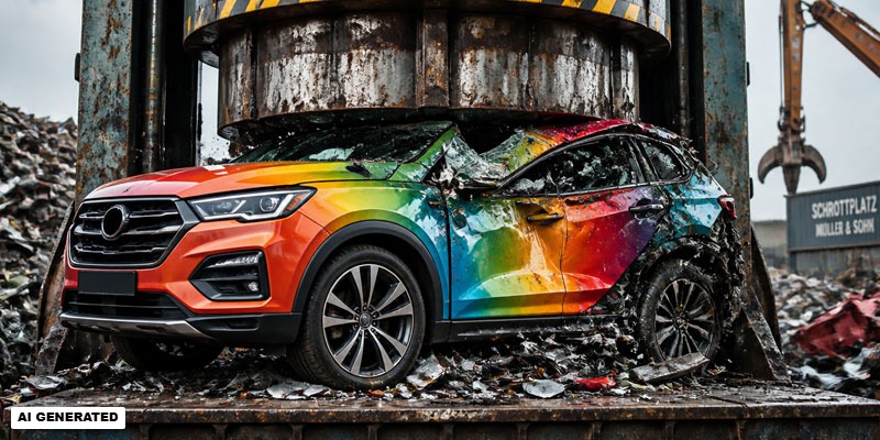 Neuwagen in der Schrottpresse (Bild: Magnific AI)
