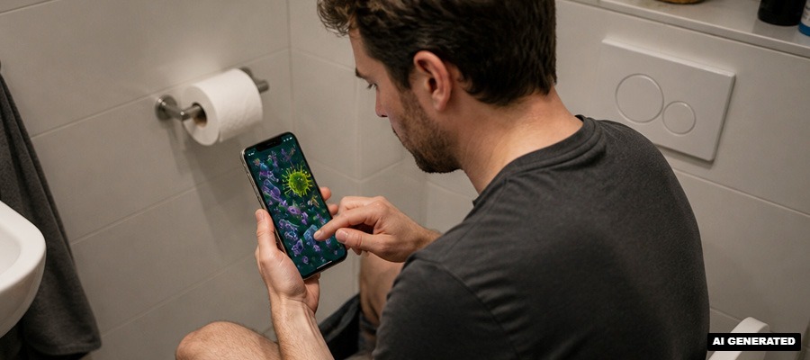 Smartphone auf dem Klo (Bild: Magnific AI)