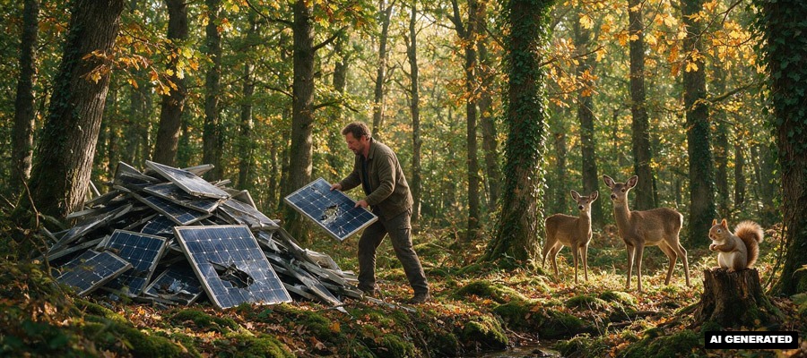 Ein Mann entsorgt Solarpanele im Wald (Bild: Magnific AI)