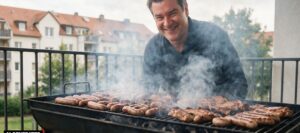 Mann der auf dem Balkon grillt (Bild: Magnific AI)