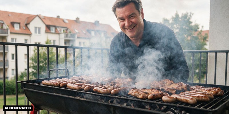 Mann der auf dem Balkon grillt (Bild: Magnific AI)