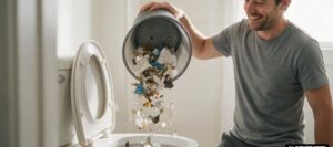 Mann der Müll im Klo entsorgt (Bild: Magnific AI)
