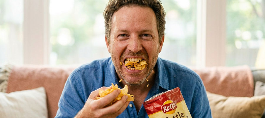 Mann mit knackigen Chips (Bild: Google Gemini)