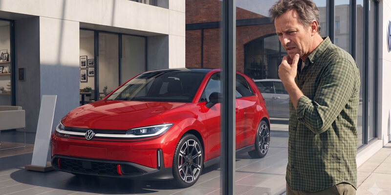 Kritischer Mann vor VW ID Polo GTI (Bild: Volkswagen / Montage: Google Gemini)