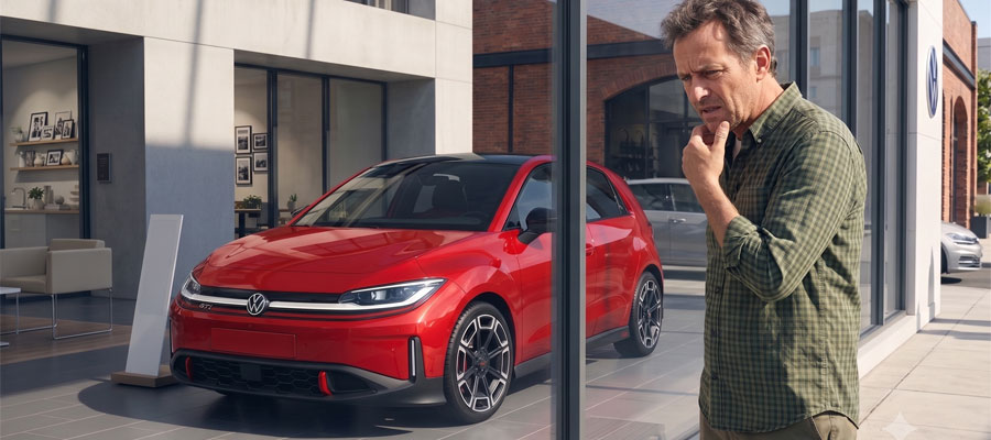 Kritischer Mann vor VW ID Polo GTI (Bild: Volkswagen / Montage: Google Gemini)