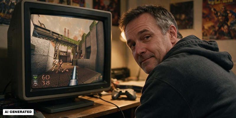 Älterer Mann zockt auf seinem alten Bildschirm das Game "Quake" (Bild: Magnific AI)