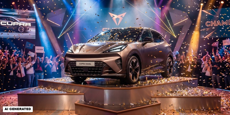 Cupra Raval auf dem Siegerpodest (Bild: Cupra / Magnific AI)